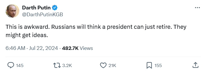 Darth Putin says 'This is awkward. Russians will think a president can just retire. They might get ideas.'