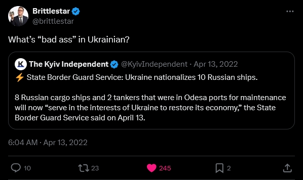 Ukraine nationalizes 10 Russian ships in Odesa.