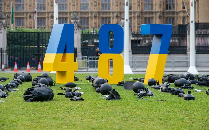 London's Parliament Square hosts a monument to 487 Ukrainian athletes killed in the current war, with props representing each athlete's sport.