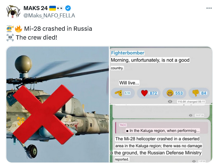 A Russian Mi-28 helicopter crashed in a deserted area in the Kaluga region, there was no damage to the ground.