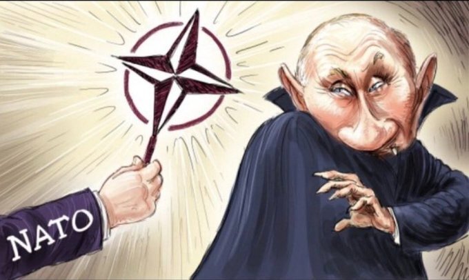 Putin as a vampire is repulsed by the NATO symbol, as vampires are often repulsed by crosses.