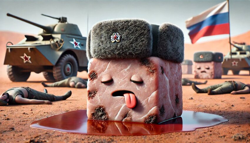 Meat Cubie is back! (Meat Cubie in a puddle, surrounded by bodies and armored vehicles.)