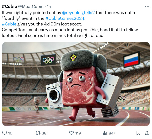 Meat Cubie running the 4x100 meter loot-and-scoot event in the Olympics.