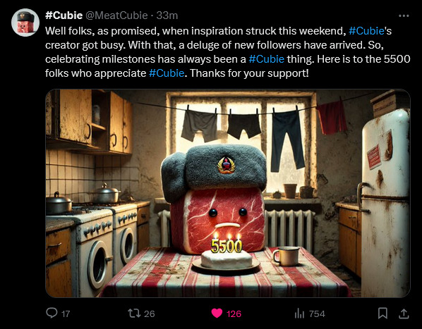 Meat Cubie celebrates a milestone of 5500 watchers.