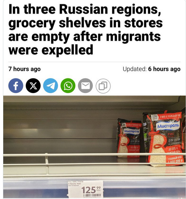Russian grocery stores in 3 regions have empty shelves after migrants were expelled.