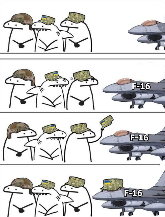 Flork of Cows characters put a hat on an F-16.