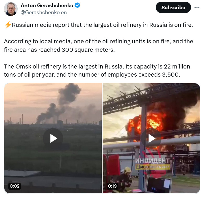 Refinery fire in Omsk, Russia.