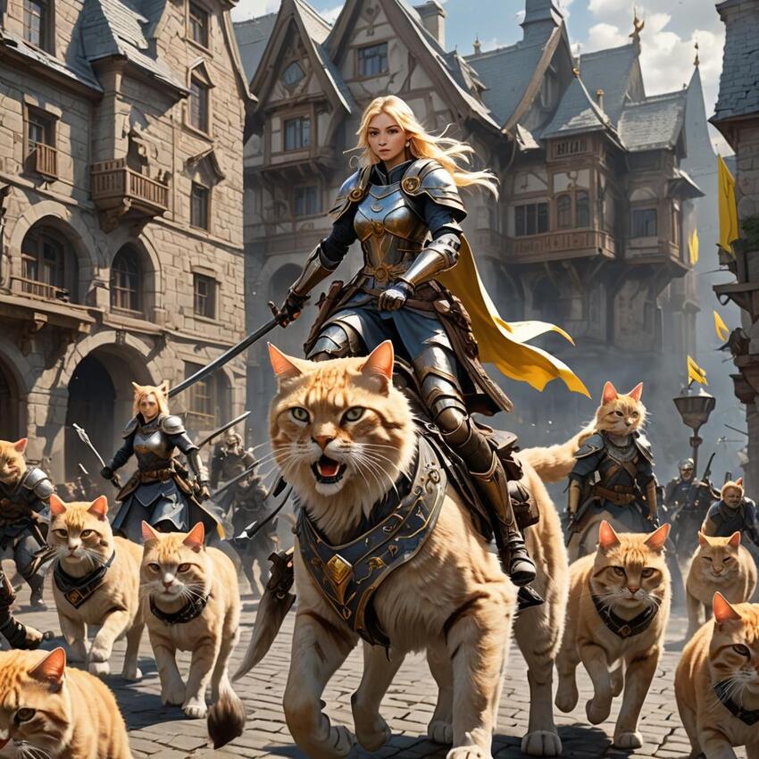 GAN-generated image of blonde Ukrainian Valkyries riding cats.
