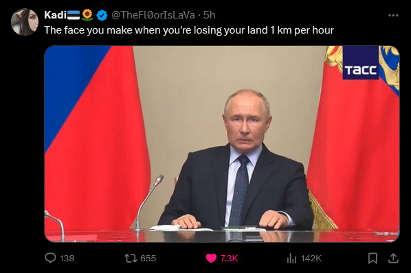 The face you make when you're losing your land 1 km per hour. (Putin looking unhappy)