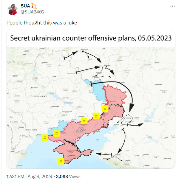 Map showing secret Ukrainian counteroffensive plans from 2023-05-05 (map showing Kursk offensive followed by a sweep around Donbas.)