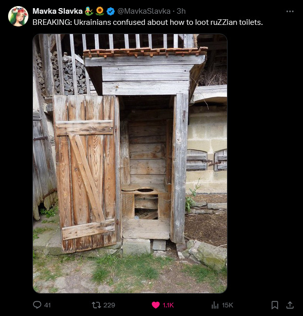 Breaking: Ukrainians confused about how to loot Russian toilets. (picture of wooden outhouse.)