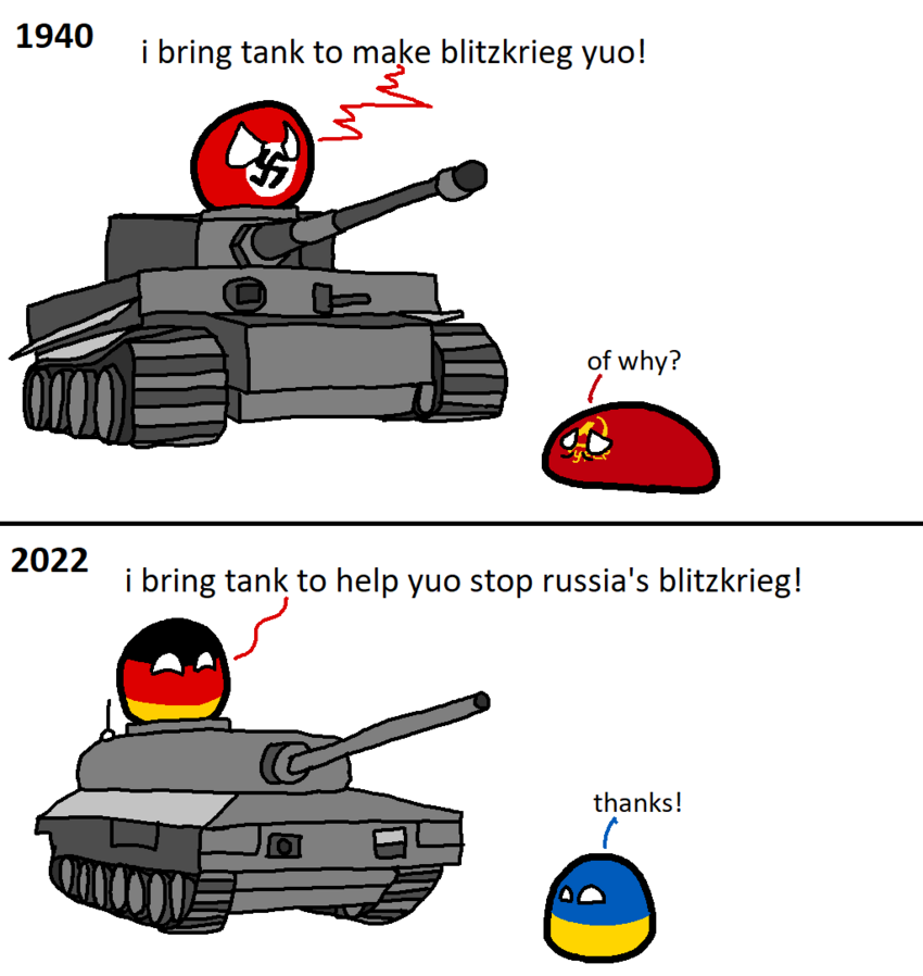 Cartoon where 1940s Germany brings tank to blitzkrieg the USSR, and 2022 Germany brings tank to help Ukraine stop Russia's blitzkrieg.