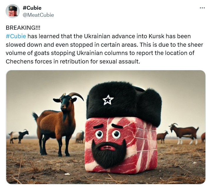 Cubie has learned that the Ukrainian advance into Kursk has been slowed down and even stopped in certain areas. This is due to the volume of goats stopping Ukrainian columns to report the location of Chechen forces in retribution for sexual assault.