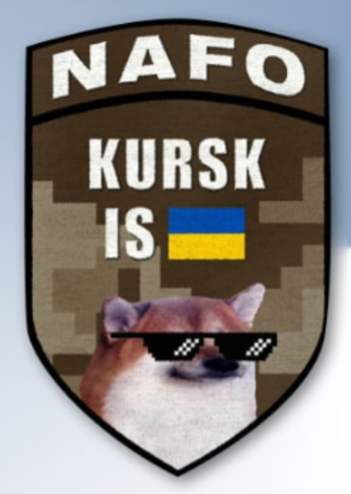 NAFO badge with a fella with sunglasses, proclaiming Kursk is Ukraine.