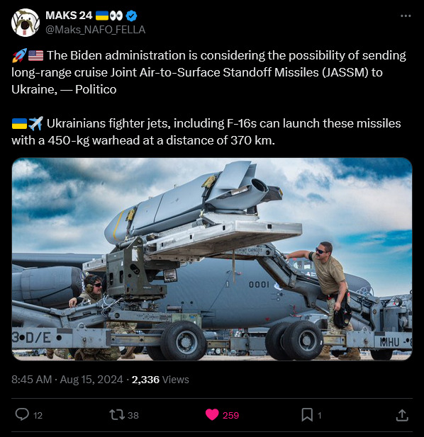 Biden administration is considering sending long-range Joint Air to Surface Standoff Missiles (JASSM) to Ukraine. Ukrainian fighter jets can launch these missiles with a 450 kg warhead at a distance of 370 km.