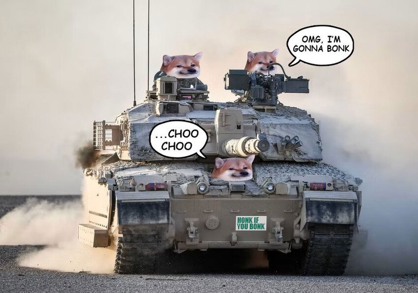 Fellas in a Challenger 2 tank saying, 'OMG I'm gonna bonk' and 'Choo choo', sticker on tank says, 'Honk if you Bonk.'