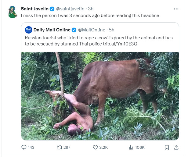 Russian tourist who 'tried to rape a cow' is gored by the animal and had to be rescued by stunned Thai police.