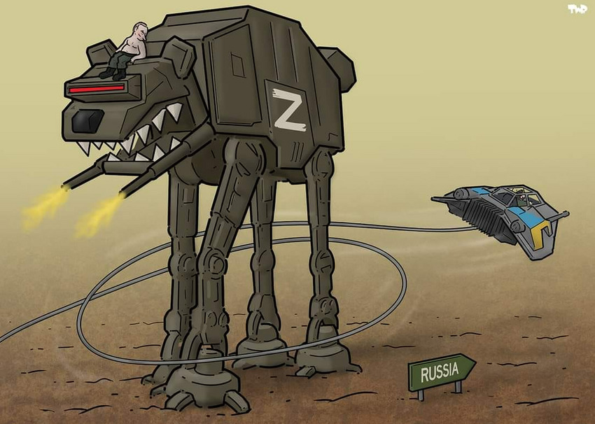 Cartoon showing Putin driving an AT-AT, and Ukraine flying a speeder and tripping it up.
