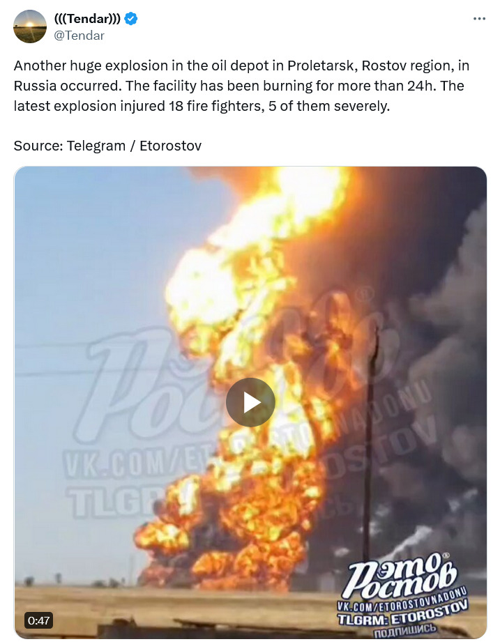 A fire in Proletarsk, Rostov, that has been burning for a while.