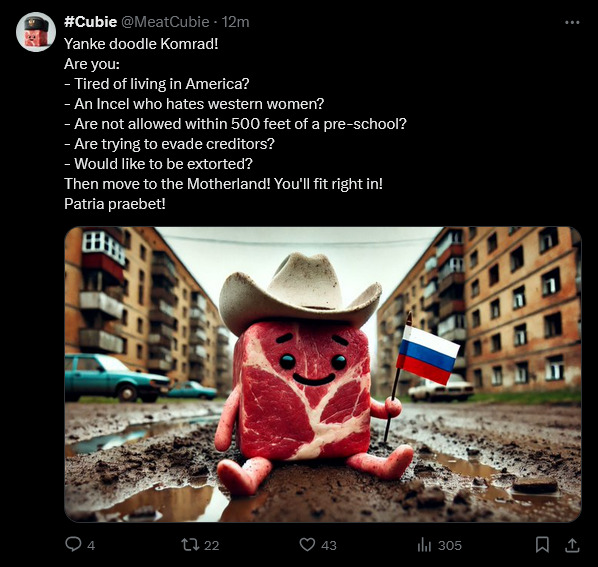 Meat Cubie sprawled on dirty street, 'Are you tired of living in America? An incel who hates western women? Trying to evade creditors? Would like to be extorted? Move to the Motherland! You'll fit right in!'