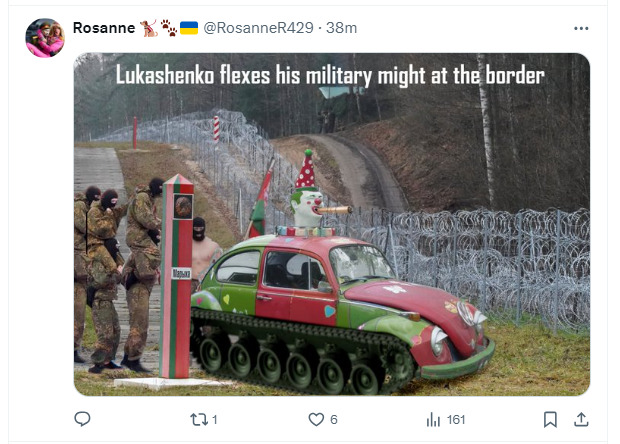 Lukashenko flexes his military might at the border. (A VW Bug turned into a tank with a tiny cannon.)