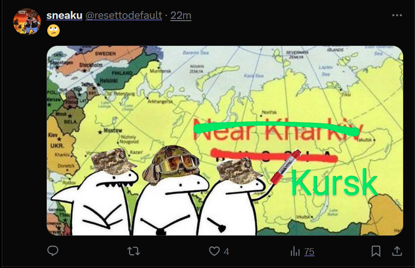 Flork of Cows characters update a map of Russia to have most of it read 'Kursk'.