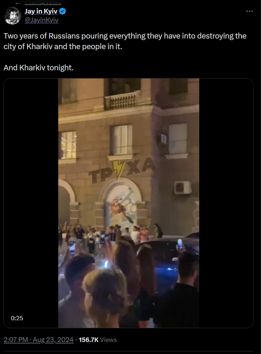 Two years of Russians pouring everything they have into destroying the city of Kharkiv and the people in it. And Kharkiv tonight: (people partying in the street.)