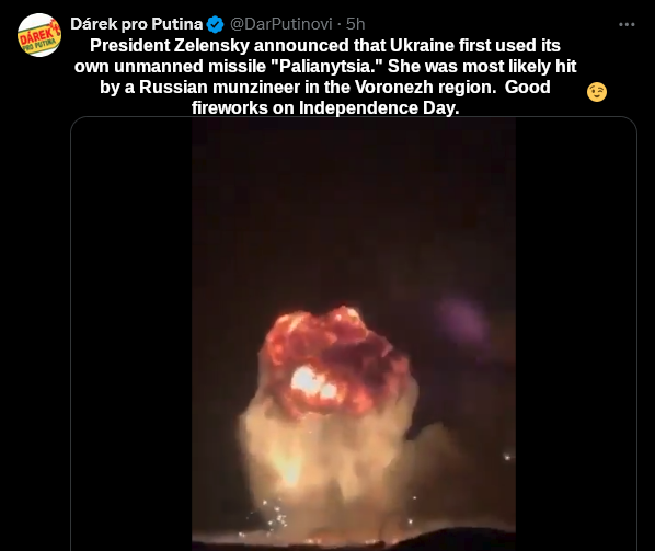Tweet where Zelenskyy says they have used their own unmanned missile 'Palianytsia'. Good fireworks on Independence Day.