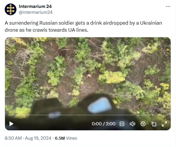 Surrendering Russian soldier gets a drink airdropped by a Ukrainian drone as he crawls towards UA lines.