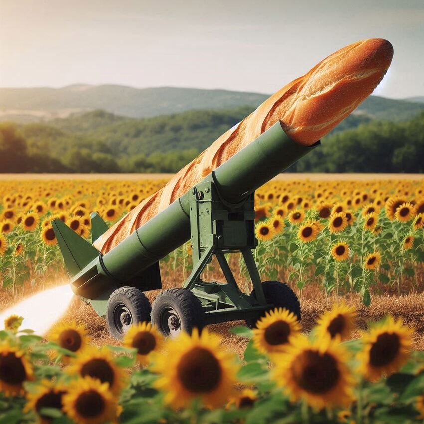 The Palianytsia missile system, imagined as a loaf of bread with a missile stuffed into it.