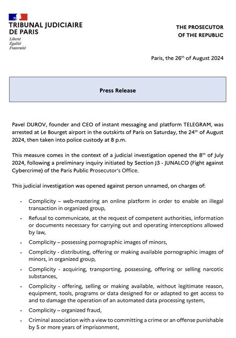 Pavel Durov, CEO of Telegram, was arrested in France on charges of possessing child pornography, distributing child pornography, narcotics trafficking, and other things.