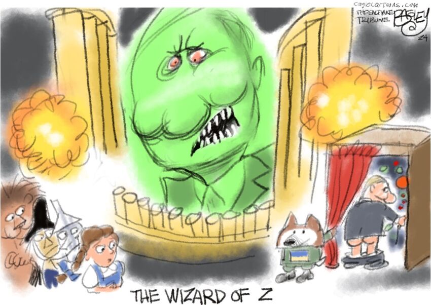 The Wizard of Z. (Dorothy, Tin Man, Scarecrow, Lion look at Oz the Great and Powerful while a fella pulls back the curtain on Putin, whose pants are down.)
