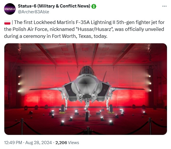 First Lockheed Martin F-35A Lightning 5th gen fighter jet for the Polish Air Force, nicknamed 'Hussar', was officially unveiled during a ceremony in Fort Worth, Texas today.