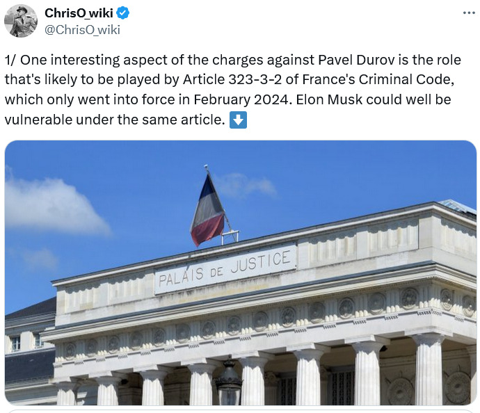 Threadreader link about French charges against Pavel Durov.