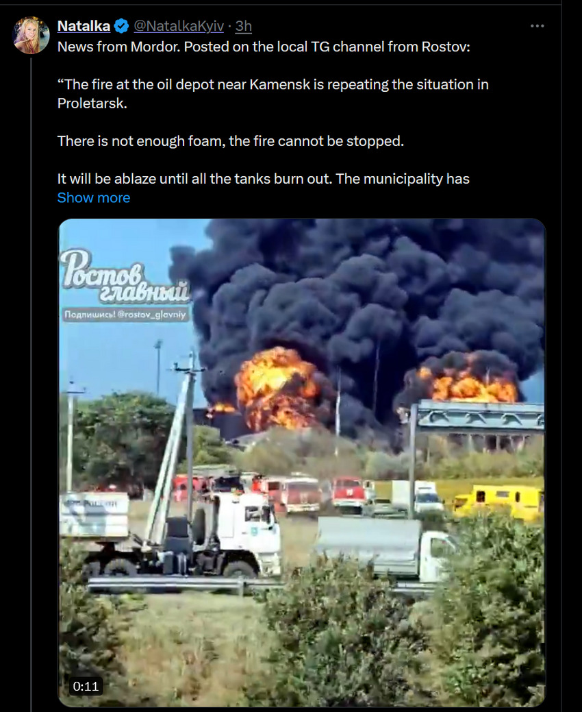 Fire at the oil depot near Kramensk is repeating the situation in Proletarsk. There is not enough foam, the fire cannot be stopped.