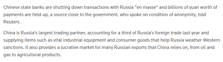 China banks are shutting down transactions with Russia 'en masse' and billions of yuan in payments are held up, a source close to the government, who spoke on condition of anonymity, told Reuters.