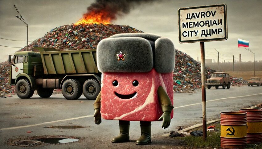 Meat Cubie has a sign and new mission: Lavrov Memorial City Dump!