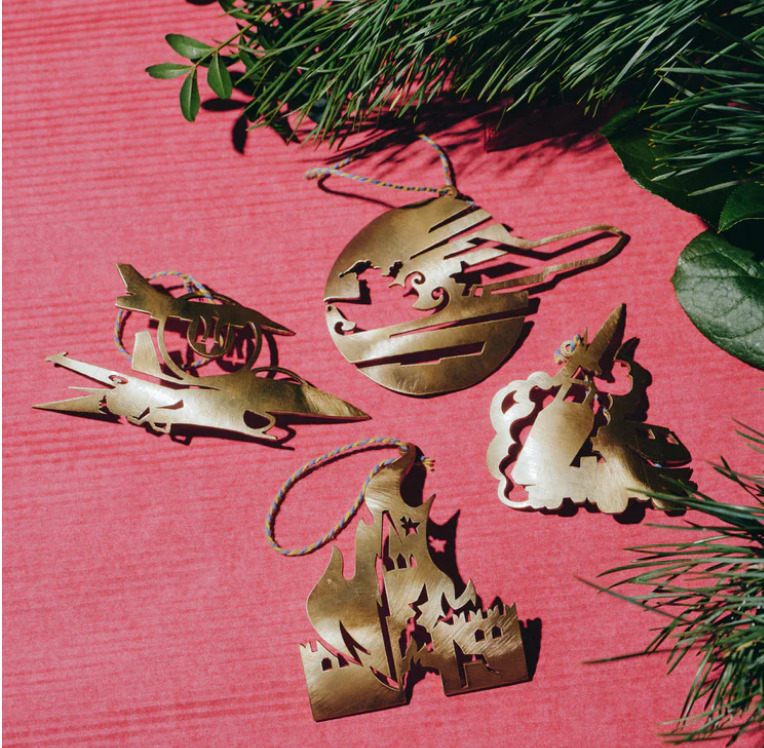 Saint Javelin is selling ornaments made of war parts.