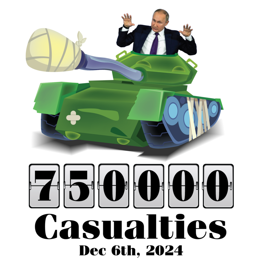 Putin, in a tank that's all bandaged up, celebrates 750,000 casualties.