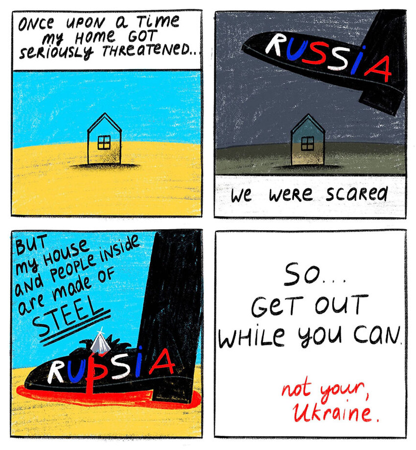 Cartoon where Russia tries to step on Ukraine, but Ukraine and its people are made of steel and pierce through Russia's foot.