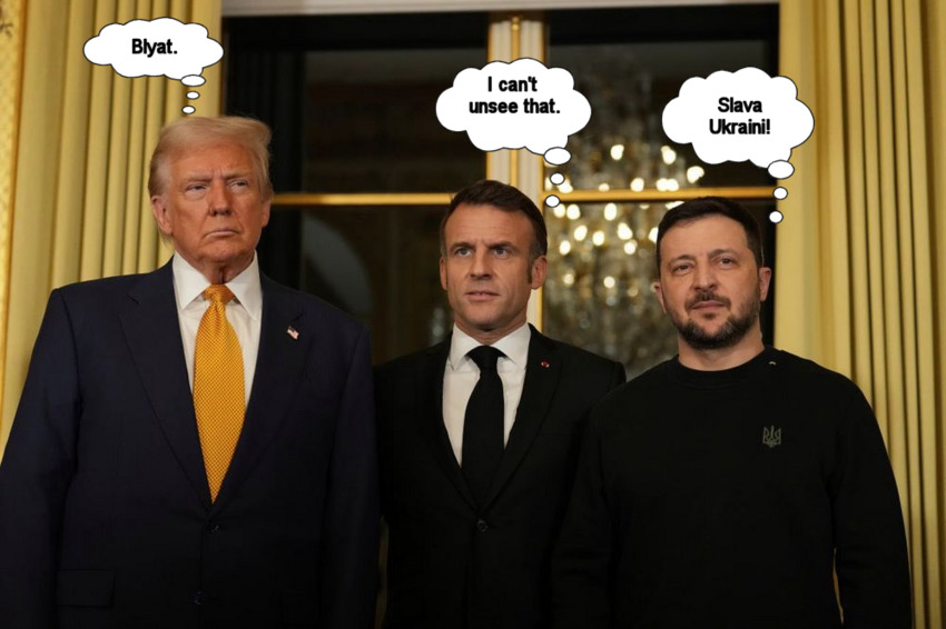 Trump, Macron, and Zelenskyy after a 35-minute meeting, Trump and Macron are wearing yellow and blue ties.