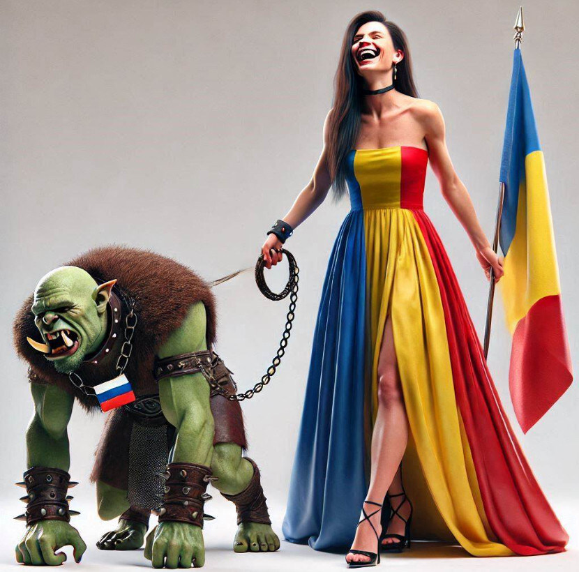 Romania today: A woman in a Romanian-flag dress walks a Russian orc. (Romania's supreme court recently invalidated an election due to Russian influence.)