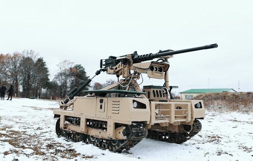 Picture of a small tracked drone with a Browning 12.7mm machine gun mounted on it. Ukraine wants to produce these.