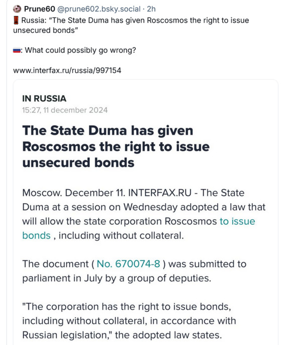 The Duma has given Roscosmos the right to issue unsecured bonds. What could possibly go wrong?