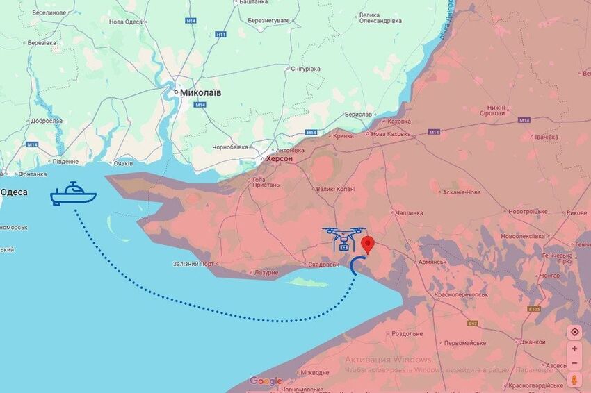 Naval drone sends another drone to attack Pryvillya, Kherson Oblast.