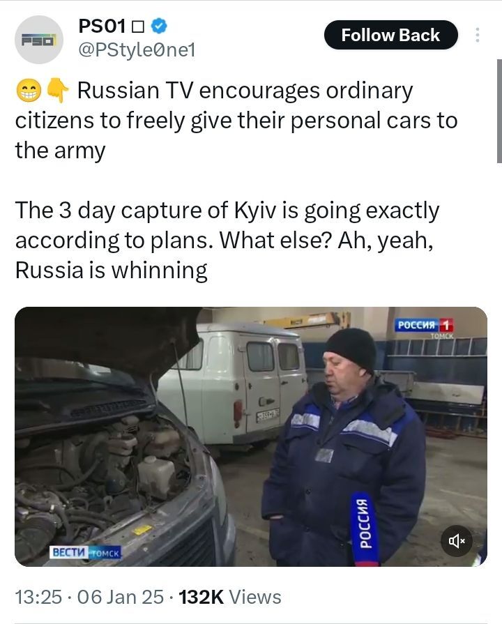 Russians encouraged to give their private cars to military. The 3 day capture of Kyiv is going exactly according to plan.