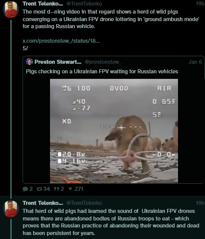 Wild pigs have learned to follow Ukrainian FPV drones as they usually find dead Russians.