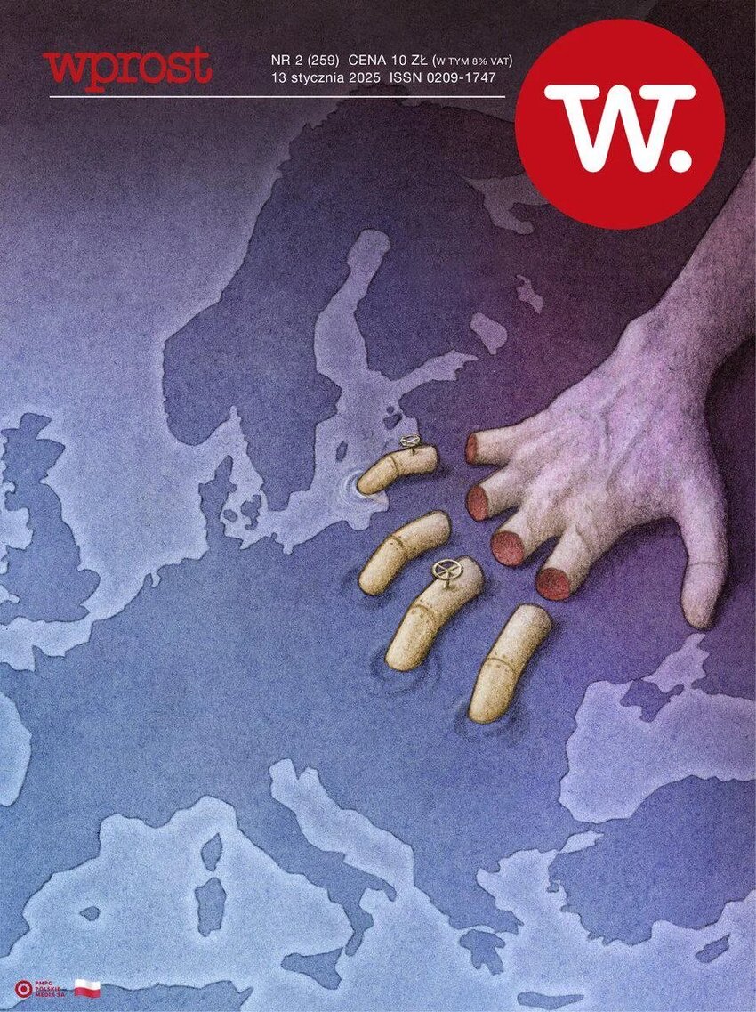 Cover page of Germany's WPROST magazine showing Putin reaching out to western Europe and having his fingers cut off.