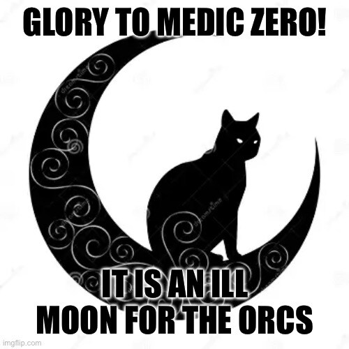 Black cat and crescent moon, captioned 'Glory to Medic Zero! It is an ill moon for the orcs.'
