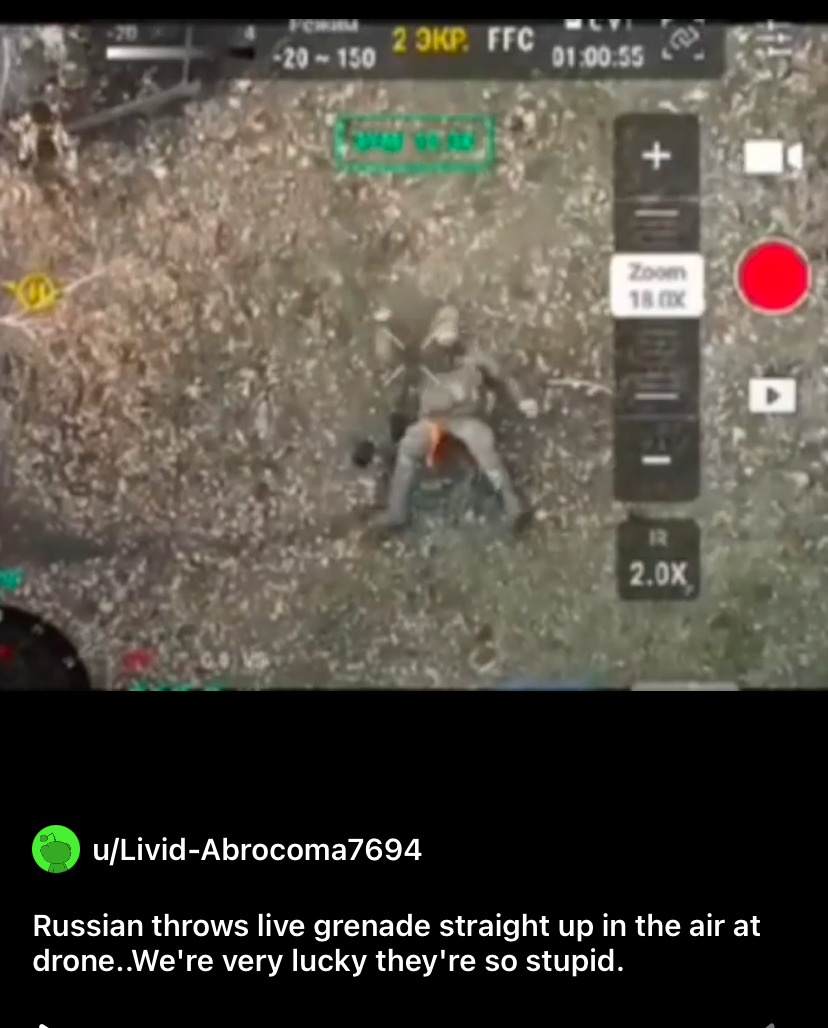 A Russian threw a grenade straight up at a Ukrainian drone.  This ended badly for him.